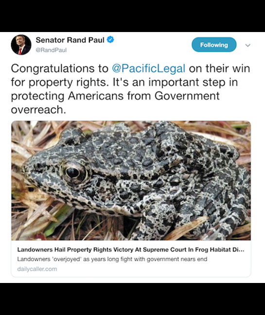 Senator Rand Paul Congratulate Pacific Legal in Twitter