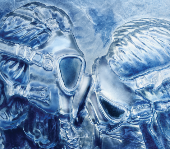 Ice sculpture of gas masks