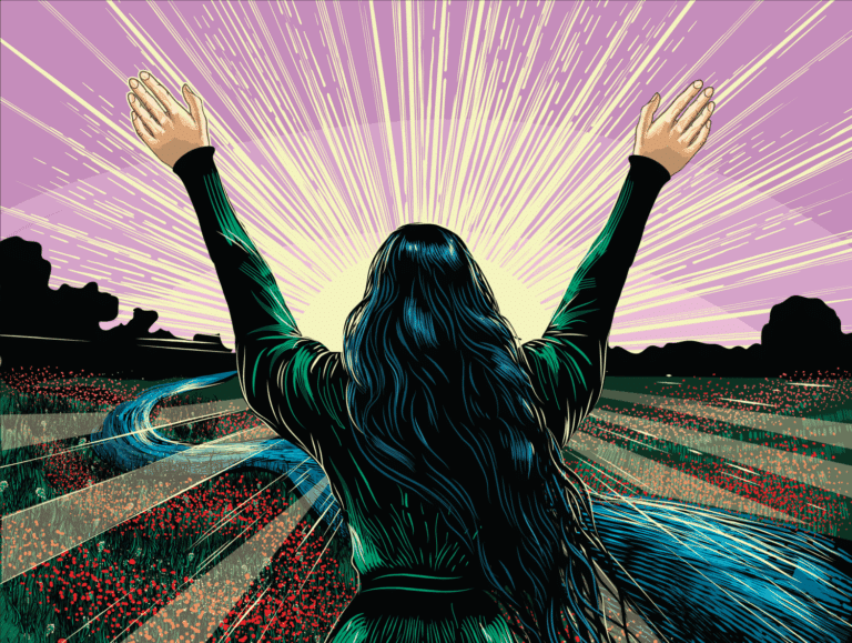An illustration of Taralyn Romero with her hands raised