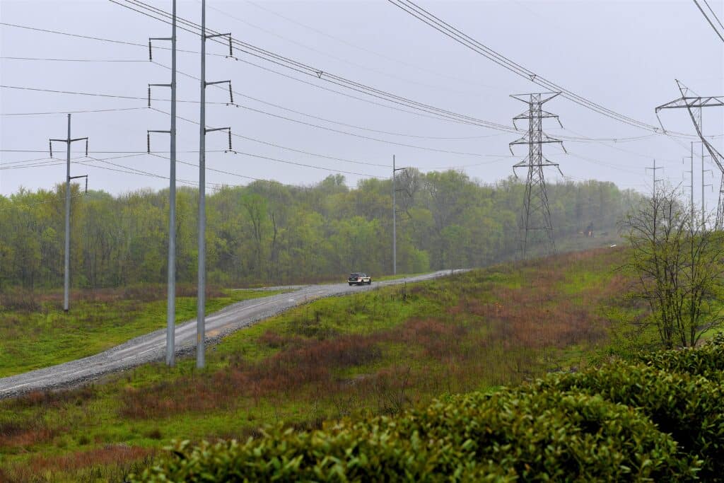 Power lines cross a road located in a forested area.