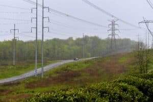 Power lines cross a road located in a forested area.