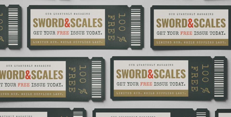 An image of a coupon for a free copy of PLF's quarterly magazine Sword&Scales.