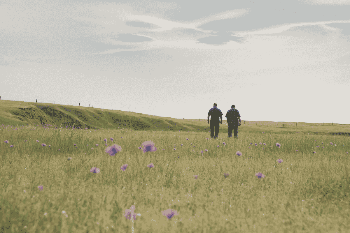 Two men walking through a grassy field.