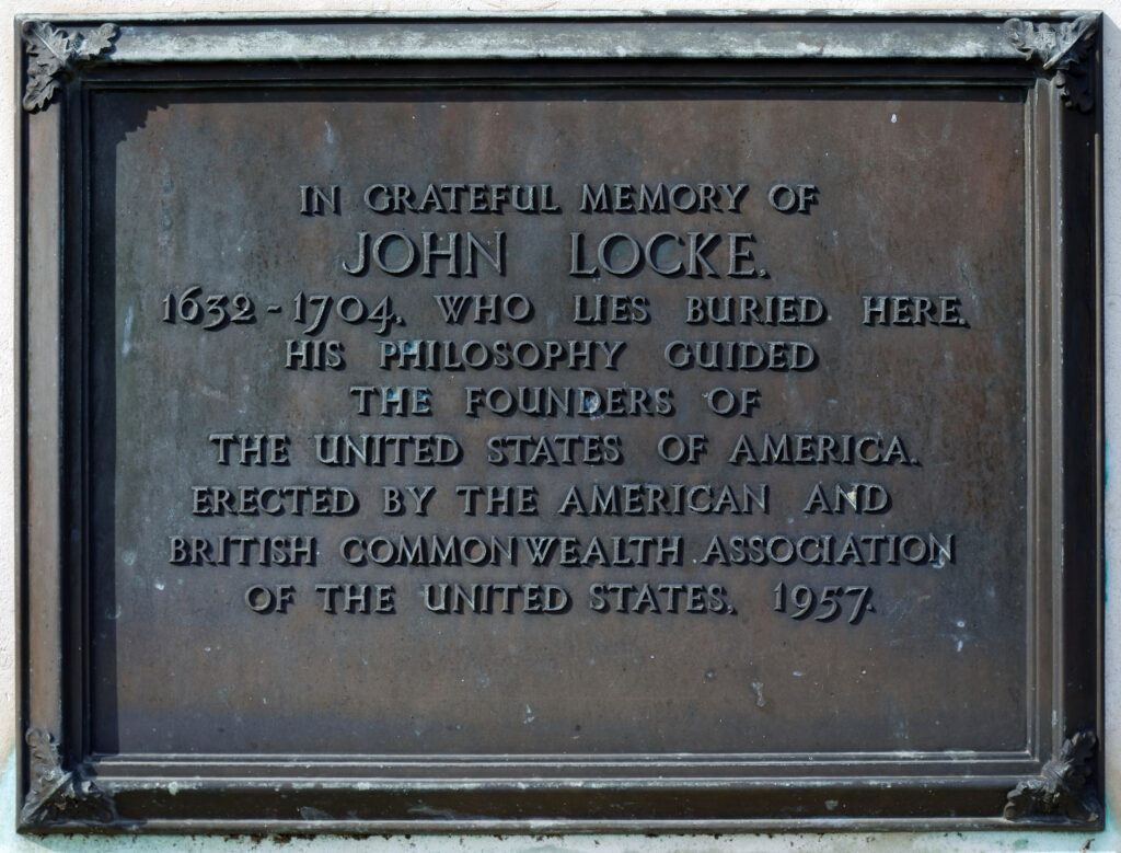 Plaque honoring John Locke at All Saints Church in High Laver, Essex